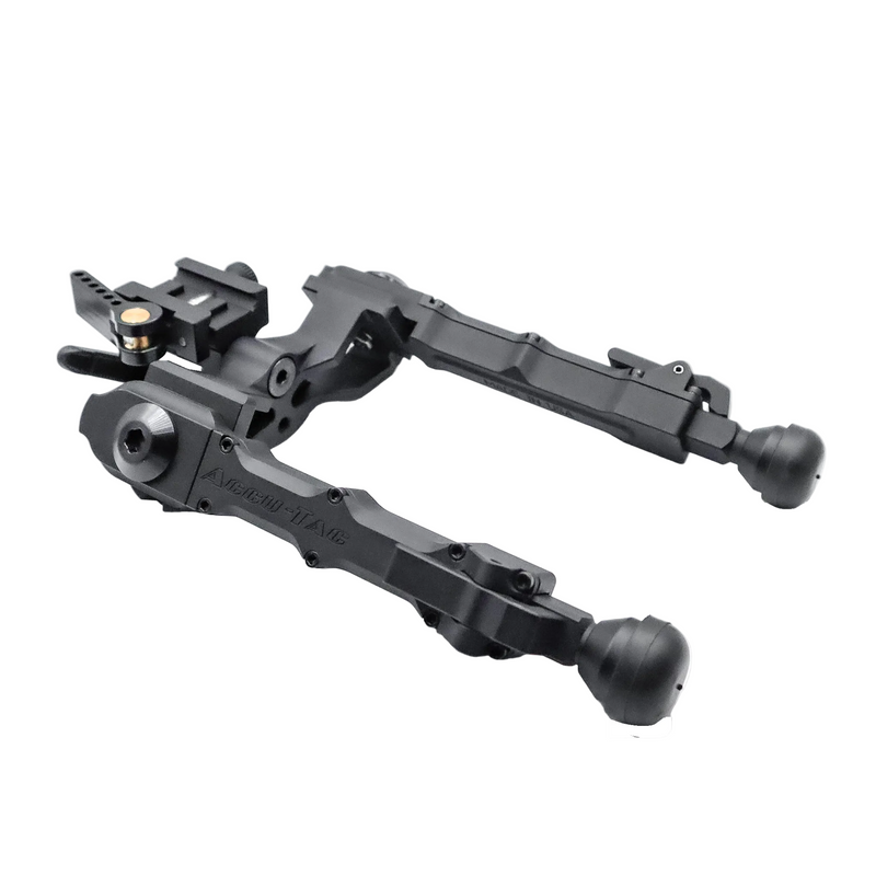 A flat black Accu-Tac WB-4 Wide Body bipod designed for stability and precision in shooting applications.